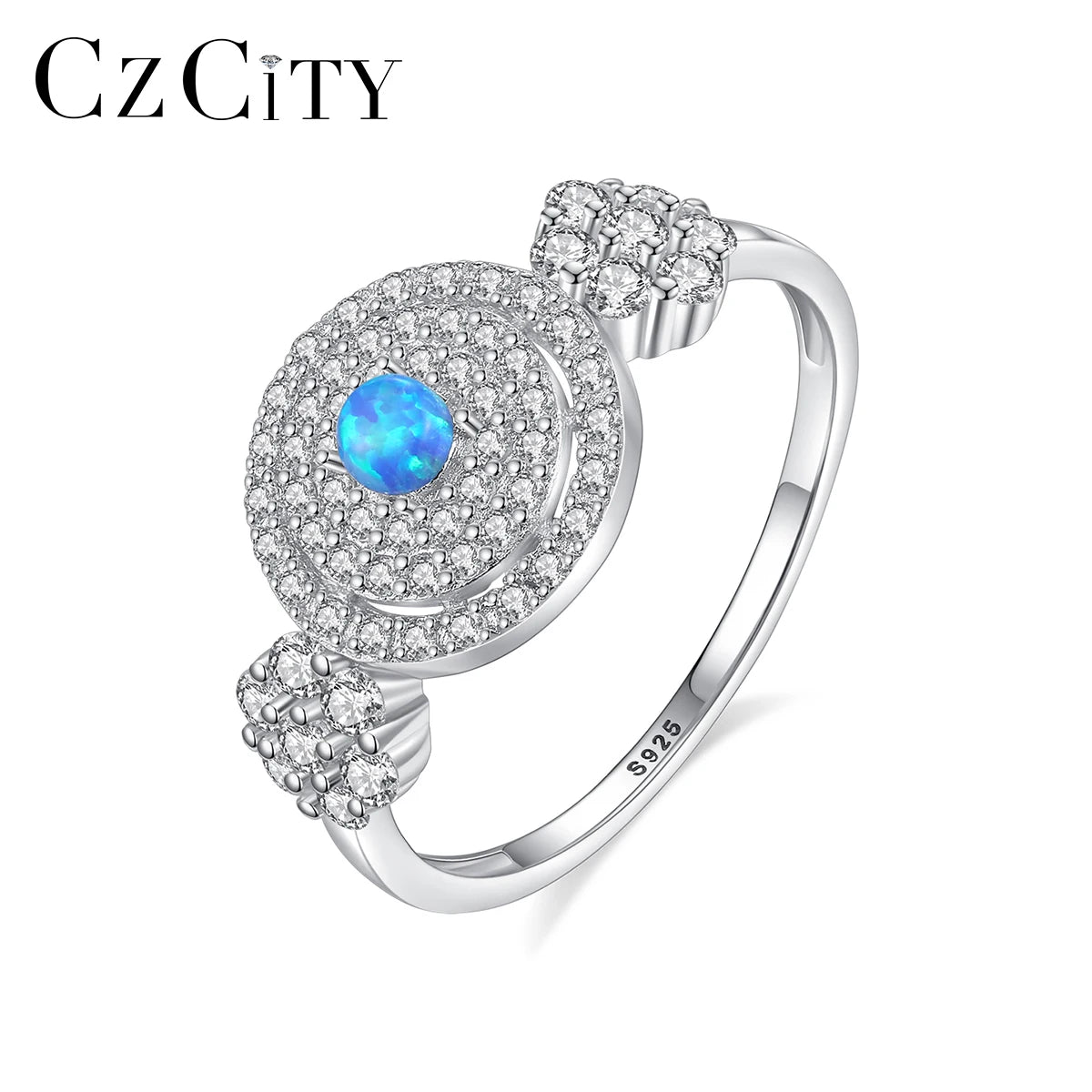 CZCITY Luxury Engagement 925 Sterling Silver Ring Women Fine Jewelry Fashion Round Disc Blue Fire Opal Ring