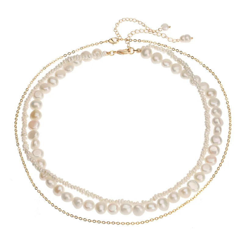 A Multi-Wear Retro Natural Freshwater Pearl Necklace Baroque Stacked Irregular Collarbone Chain Pearl and Gold Bracelet