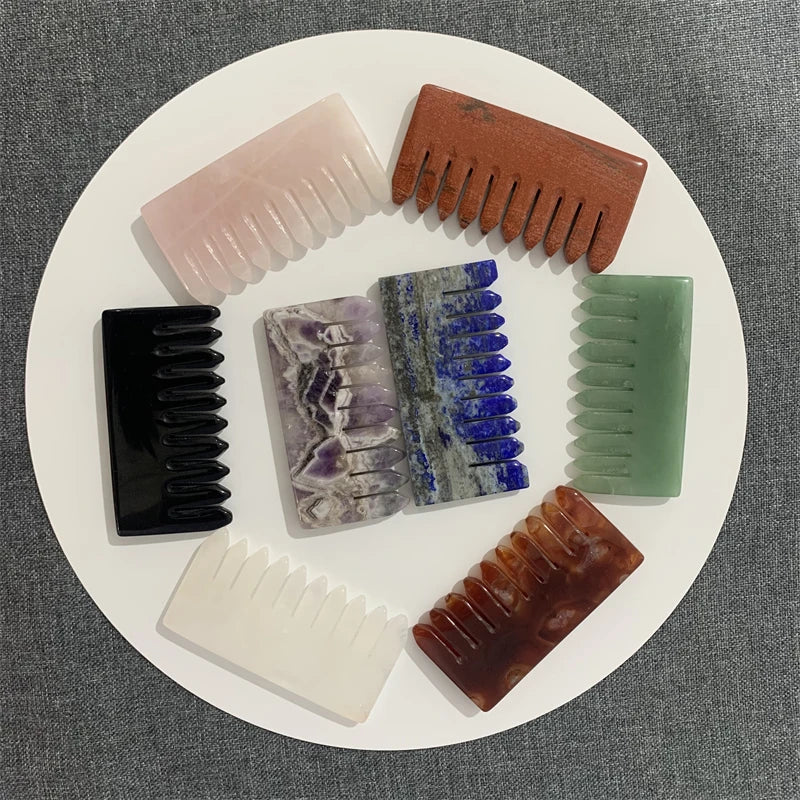80mm Natural Crystal Comb Scalp Massage Tool Stone Carved Crystal Hair Brush Gua Sha Hair Combs for Gift