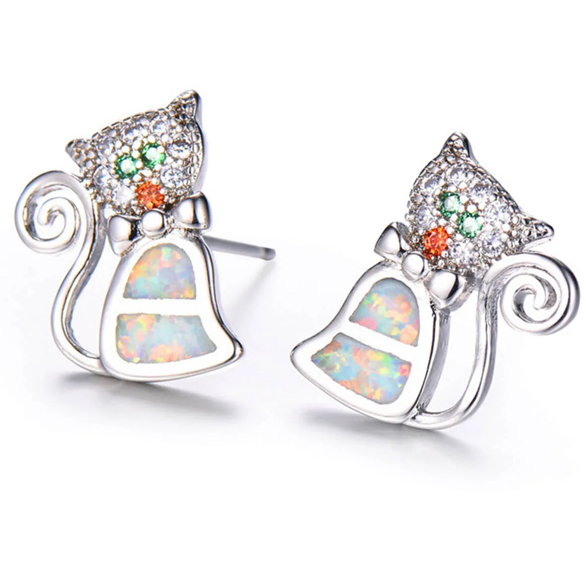 Solid 925 Silver White Fire Opal Cat Stud Earrings Handmade Opal Jewelry MegaBDM