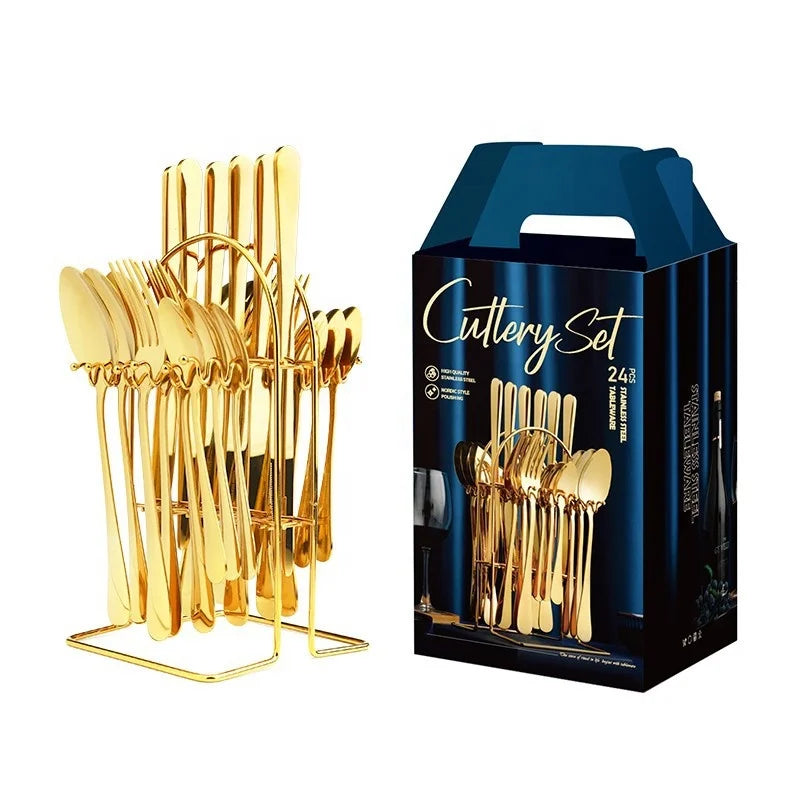 Hanging Gift Box Gold Stainless Steel Flatware Cutlery Set 24pcs with Metal Rack Holder