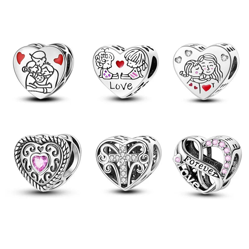 925 Sterling Silver Cute Love Heart Family Charms Pendants Zircon Stone Jewelry for Women's Party Gift or Children