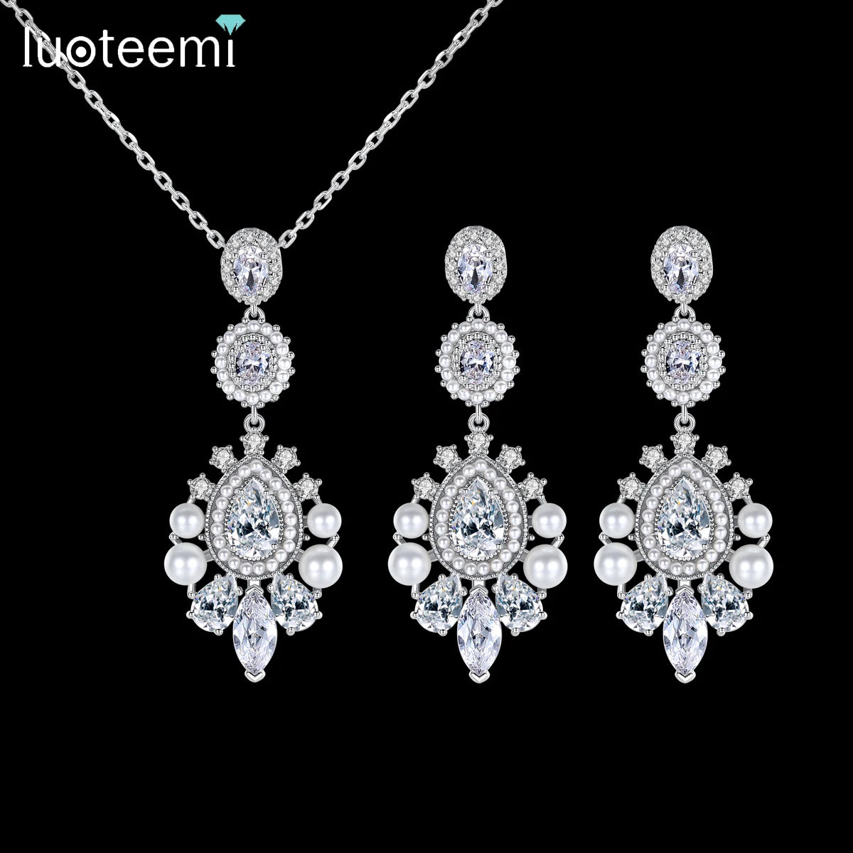 LUOTEEMI Big Pendant Chian Necklace Fashion Imitation Pearl Earrings Charm Dainty Pearl Party Zircon Jewelry Set for Woman