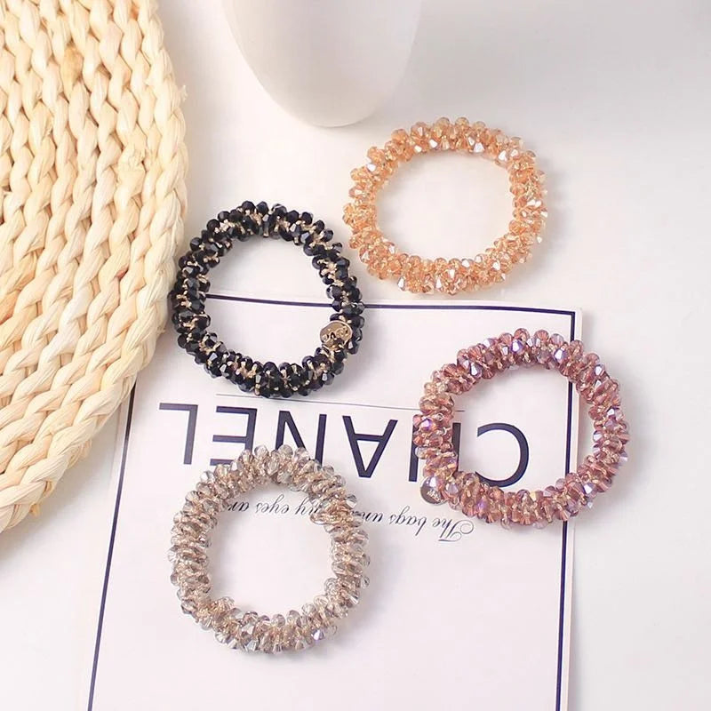 Vintage Sparkly Black Elastic Crystal Bracelet Scrunchies Beaded Metal Hair Ties Charm Rubber Sweet Style High-quality Popular 4