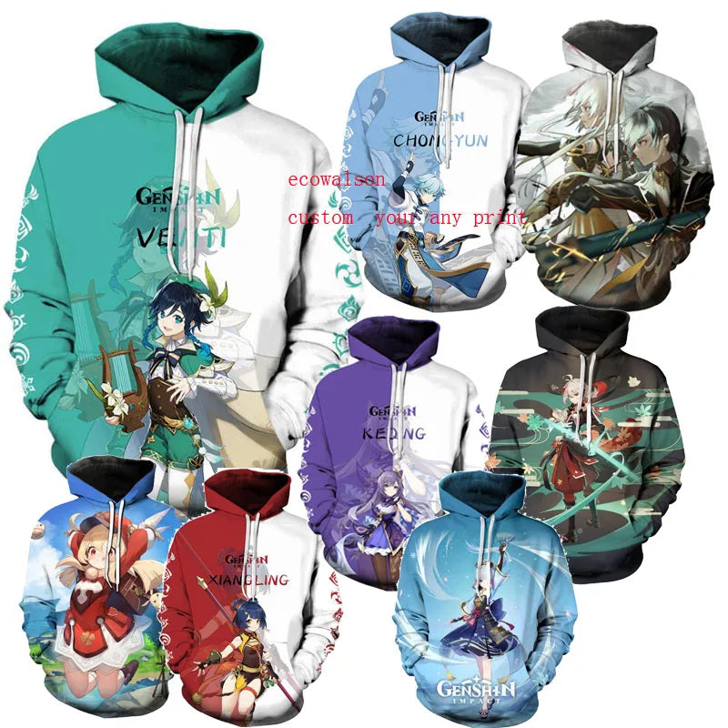 Ecowalson  3D All Over Printing Genshin Impact Hoodie Men Fashion Coat Hoodies Kids Hip Hop Boy Coat 3D Sweats