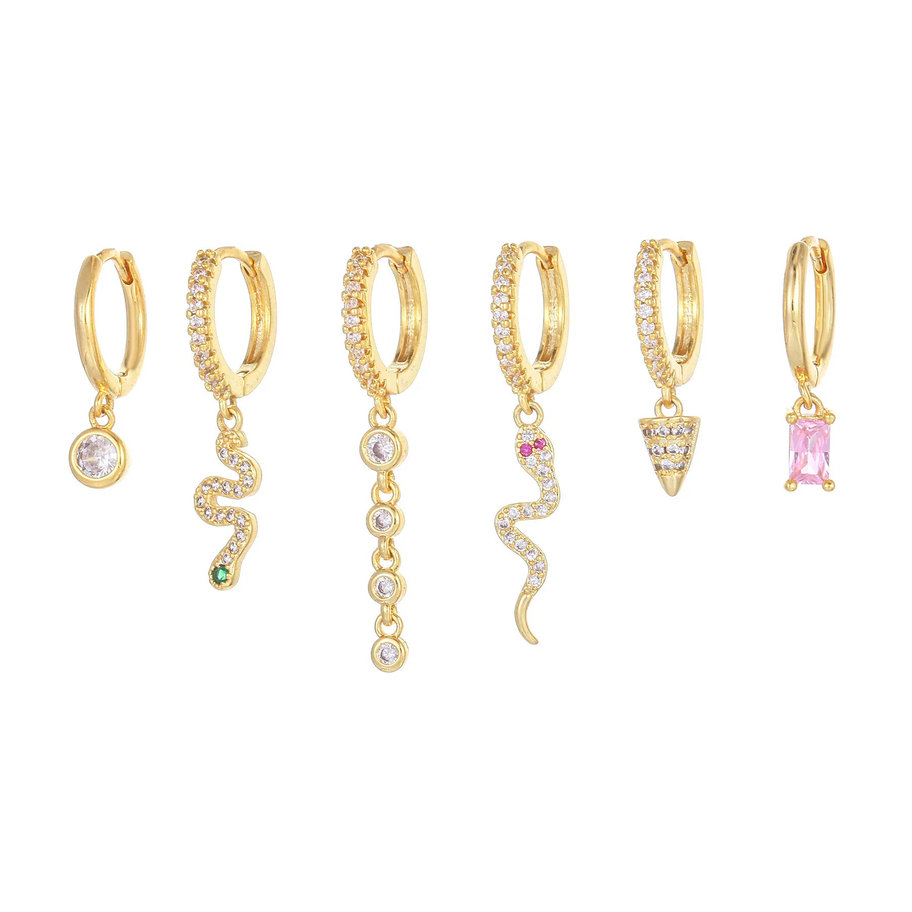 New Design Fashion Jewelry Zircon 6-Pcs Earring 18K Gold Plated Brass Earring Set Serpentine Geometric Pendant Earring for Women