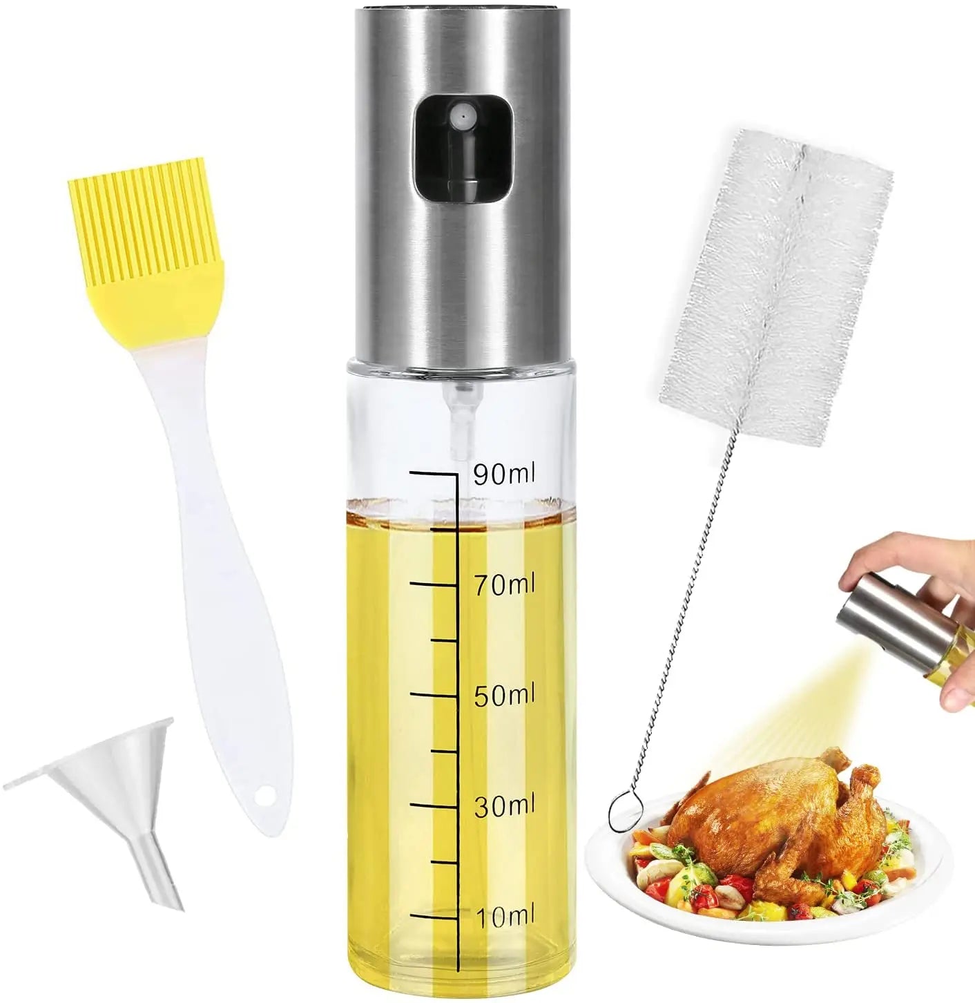 Easy to Clean Olive Oil Sprayer 100ML Stainless Steel Olive Oil Spray Bottle With Brush and Funnel  for BBQ Kitchen Baking