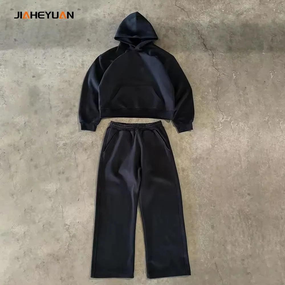 Custom 420gsm Top Quality Heavyweight Men's Pullover Hoodie and Sweatpants Set Fleece Baggy Two-Piece Tracksuits Set
