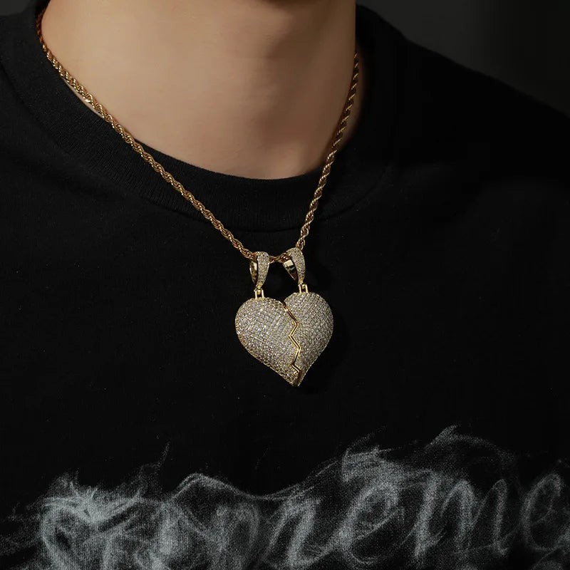 Street Hip-hop Style Personality Shattered and Cracked love Pendant Inlaid with Zircon Combination Splicing Necklace