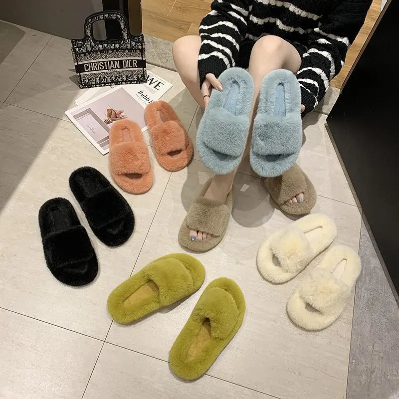 Home Soft Anti-slippery Multi Color Winter Plush Fur Furry Slippers for Women