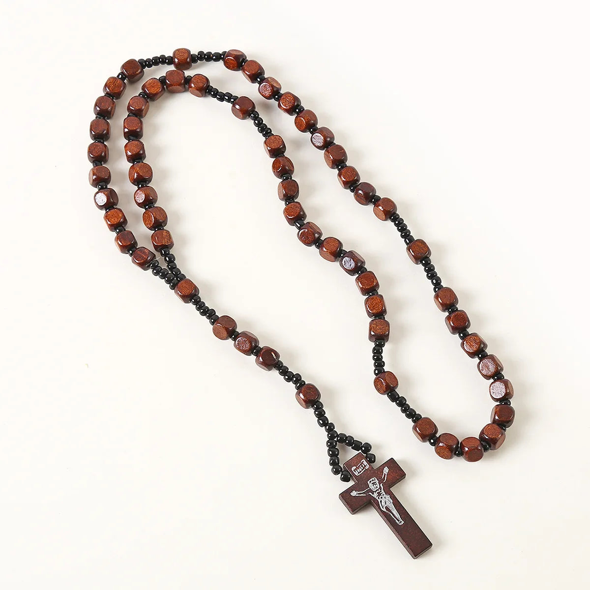 Catholic Cross Rosary Necklace 8 * 8 Square Wooden Beads Pendant Worn on the Head Easter Christmas Ornaments Wholesale