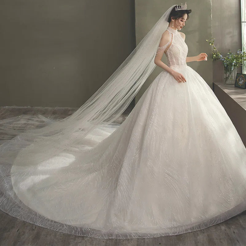 2021 Summer AL0954 Luxury Wedding Dress White Bridal Gown Halter Neck Trailing Court Style Plus Size Crystal Master Wedding