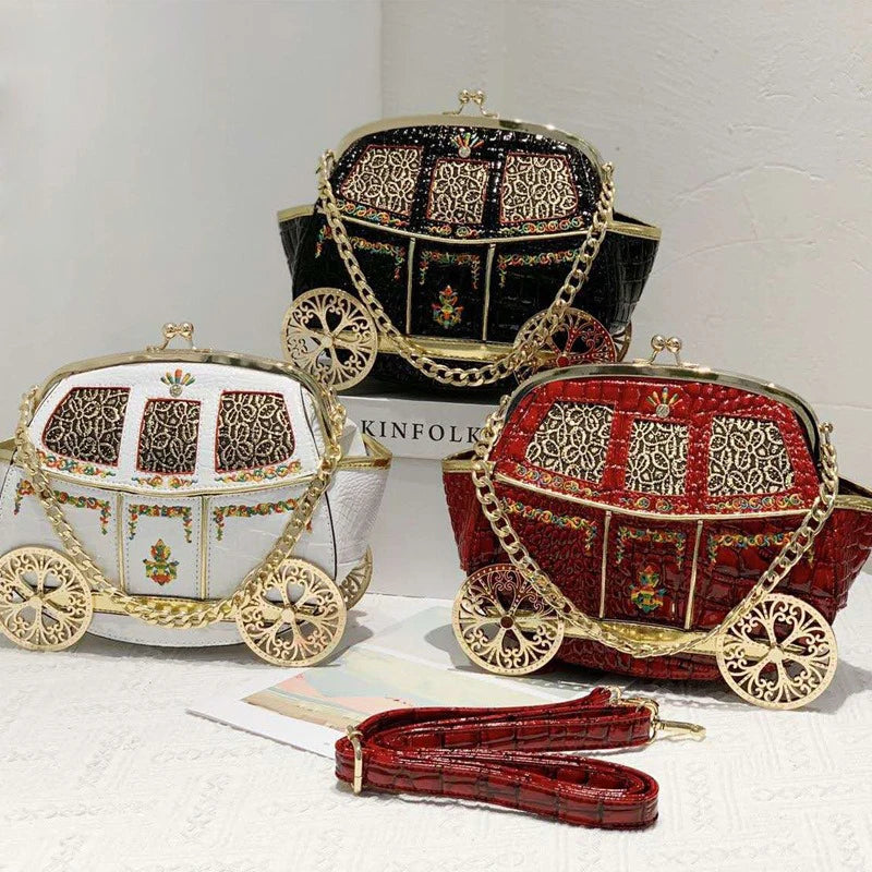 Women's Creative Embroidered Carriage Design Evening Clutch Bag Purse Trendy  Niche Cartoon Single Shoulder Crossbody Bag
