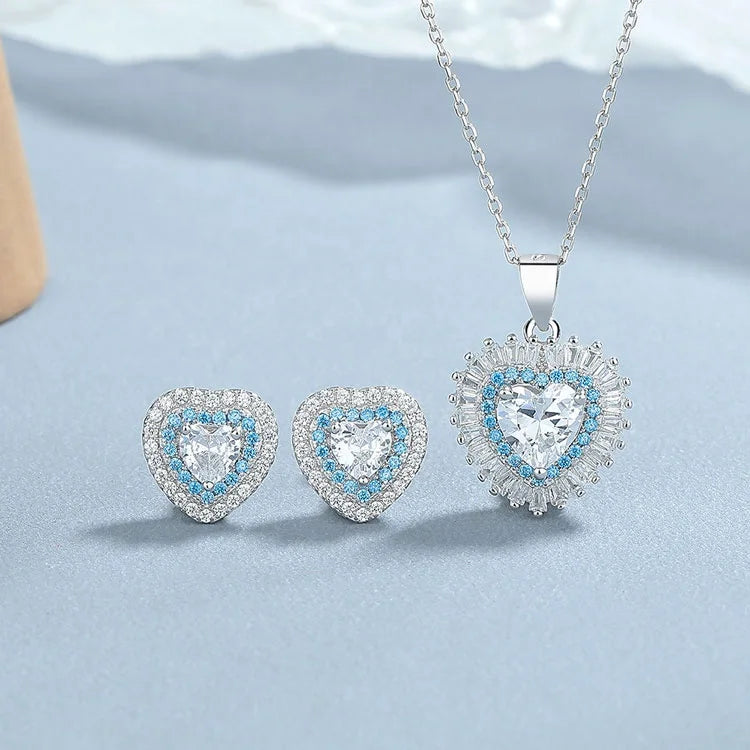 Fine Jewelry Wedding Sets Yaeno Sterling Silver 925 Heart Stud Earrings and Pendant Necklace Jewelry Set for Women