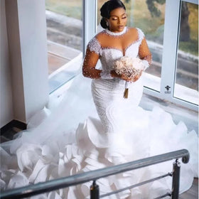 2024 Luxury Heavy Beaded Long Sleeves High Neck Plus Size White Ivory African Bride Mermaid Wedding Dress With Ruffles