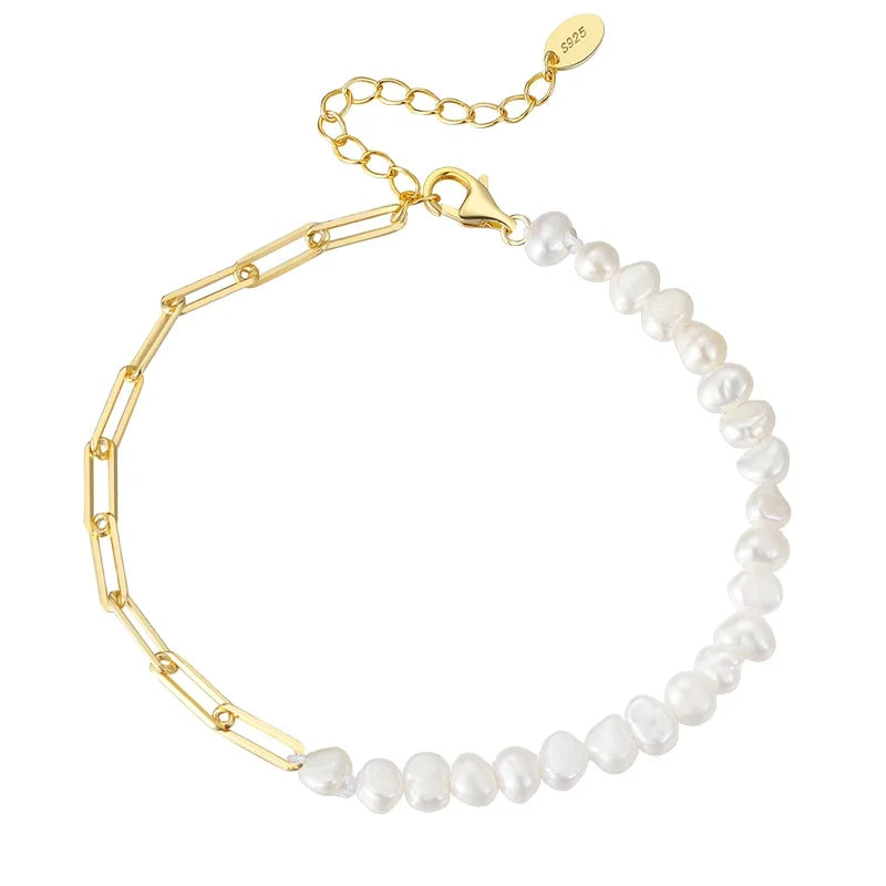 Jiangyuan Fine 14k 18k Gold Plated 925 Sterling Silver Jewelry Paper Clip Pearl Vintage Chunky Link Chain Bracelet for Women