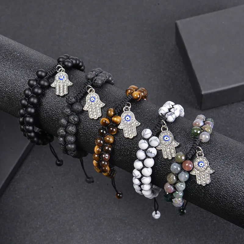 Natural Gem Stone Healing Two Layers with Evil Eyes Pendant Charm Pure Handmade Adjustable Bracelet Jewelry for Women and Men