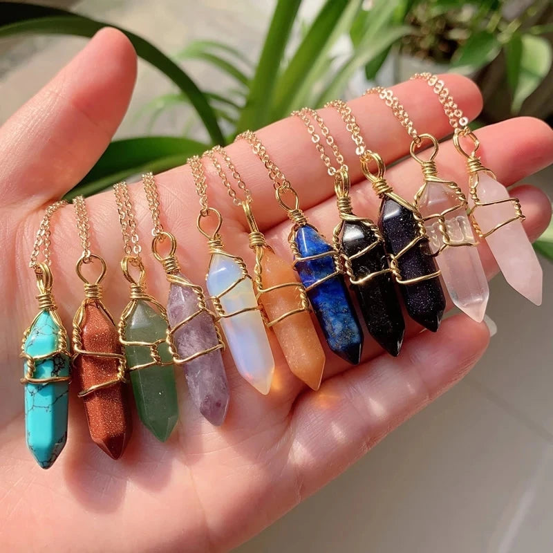CSJA Hot Natural Stone Healing Point Bullet Crystal Pendant Gold Color Wire Wrapped Hexagon Women Necklace Pendants G904