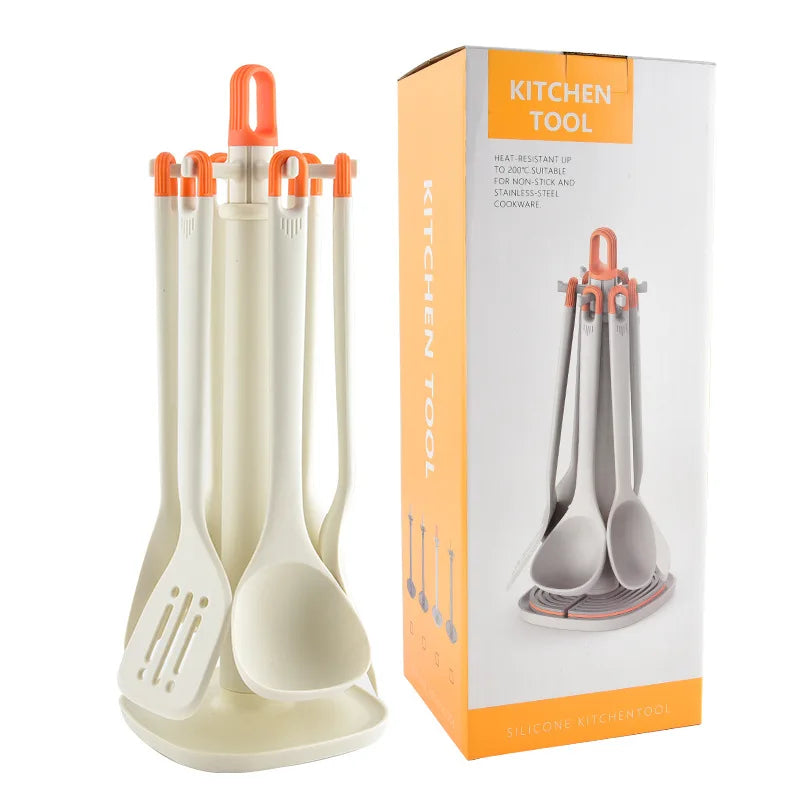 7-Piece Non-Stick Silicone Cookware Set with Special Slotted Spoon Full Coverage Kitchen Storage Bucket Cookware Tool Set