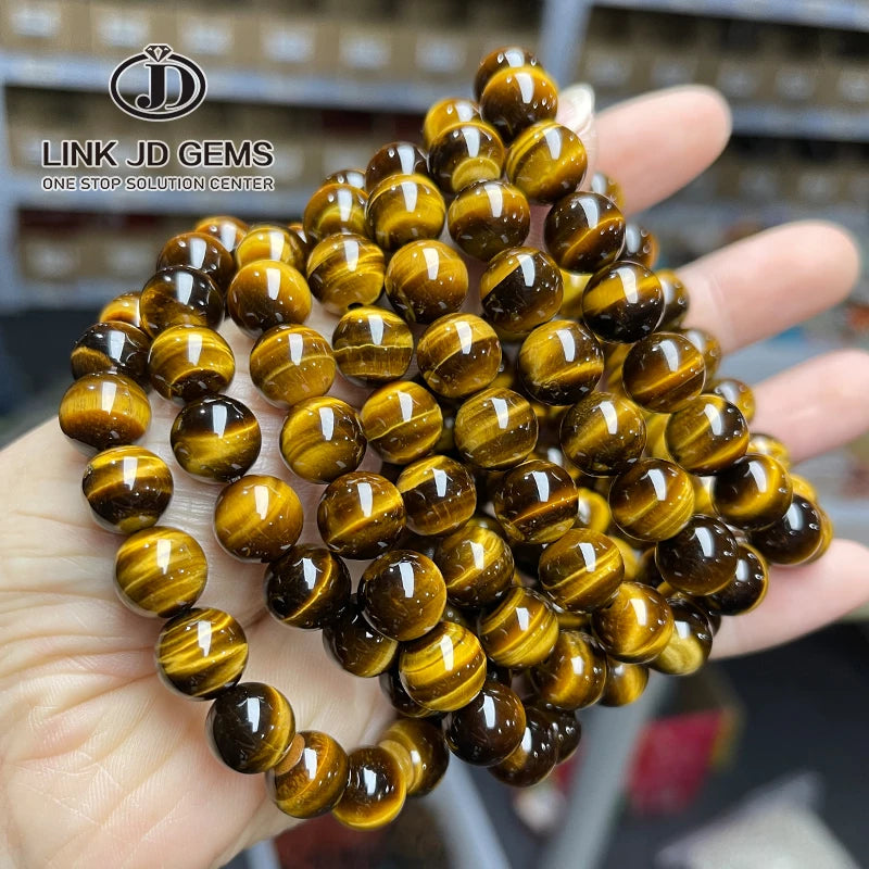 Original Natural Tiger Eye Gemstone Smooth Beads Stretch Bracelet 8/10mm 7A Yellow Classic Children's