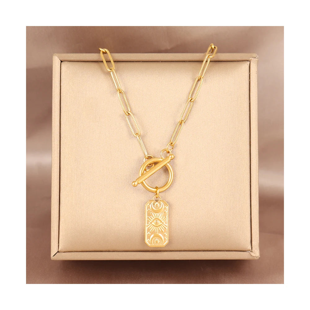 Stainless Steel 18K Gold Plated Trendy Party Paper Clip Chain Necklace Women Men Irregular Cast Devils Eye Pendant Jewelry Gift