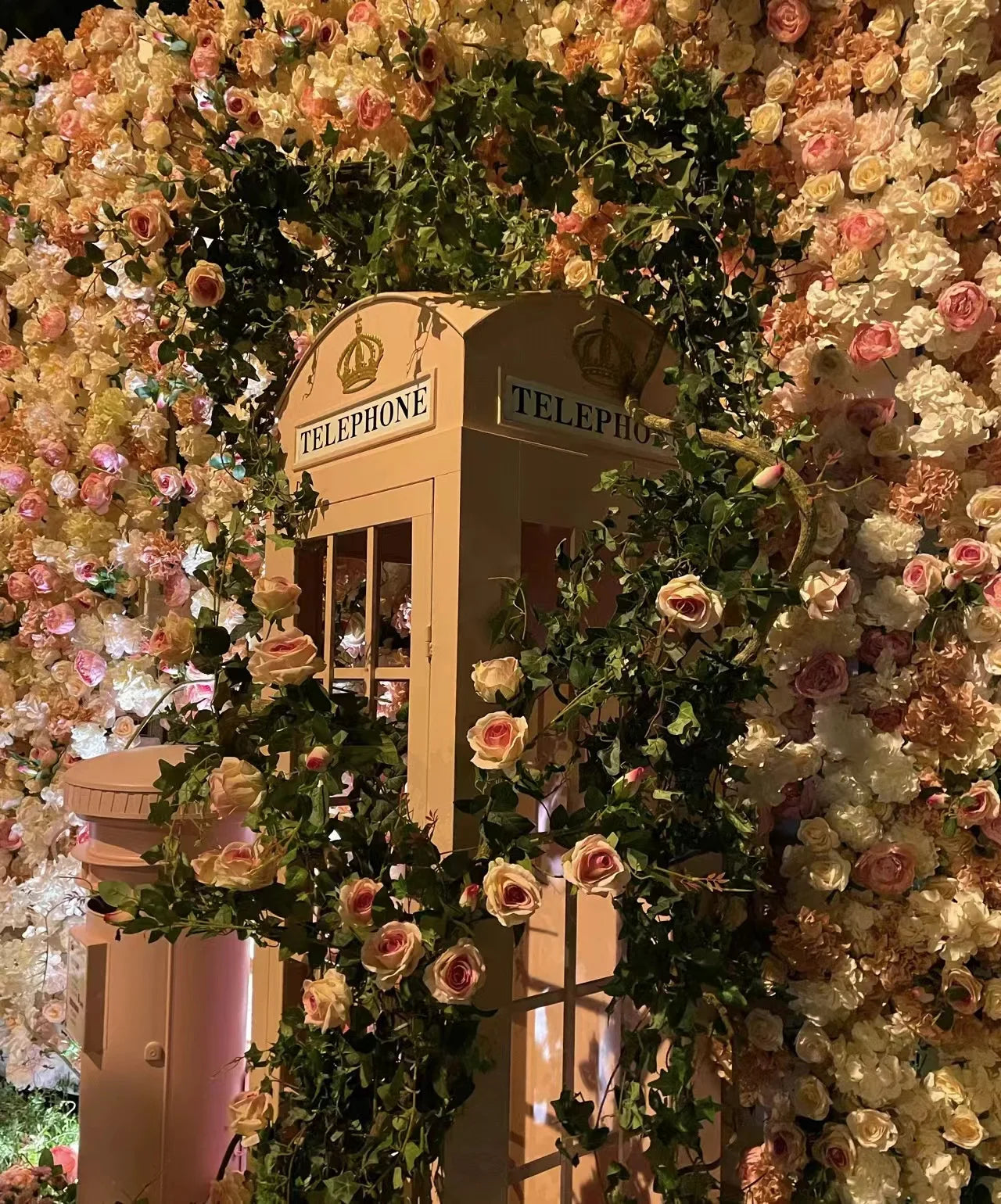 Pink Telephone Booth with Flowers Photography for Salon Decoration Hotel Shopping Mall Pink Wedding Telephone Booth
