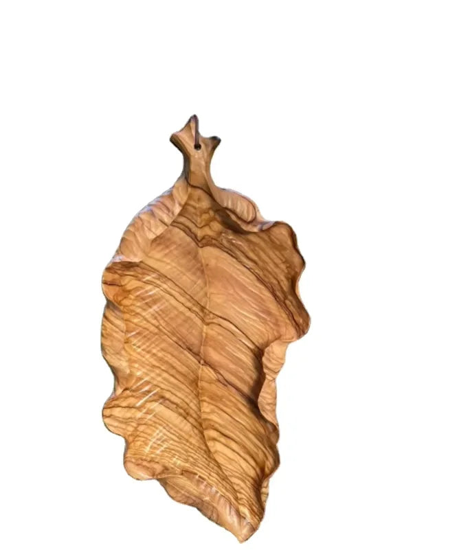 Natural Olive Wood Leaf-Shaped Serving Tray | Hand-Carved Wooden Platter with Live Edge | Decorative Catchall for Snacks