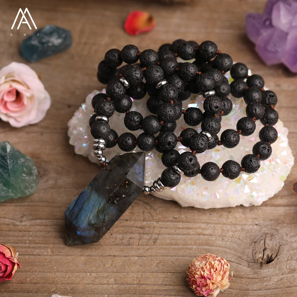 Classic Black Lava Healing Labradorite Double Point Pendant Mala Necklace for Men Wedding & Party Birthday Gifts