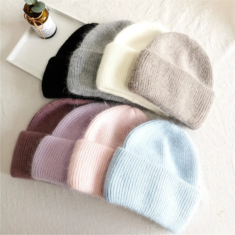 Winter Knitted Hats New Product Women Knit Hat Hot Selling Colorful Soft Plush Hedging Cap Angora Knitted Beanies