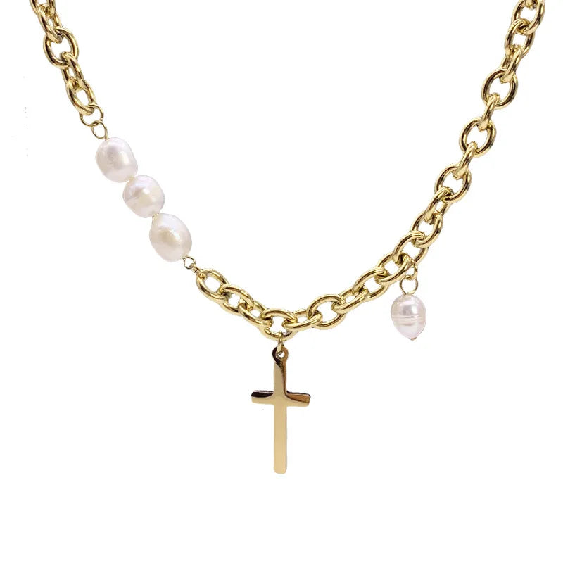 Laodun Luxury Pearl Necklace Chain Jewelry Stainless Steel Cross Pendant Collar Necklace