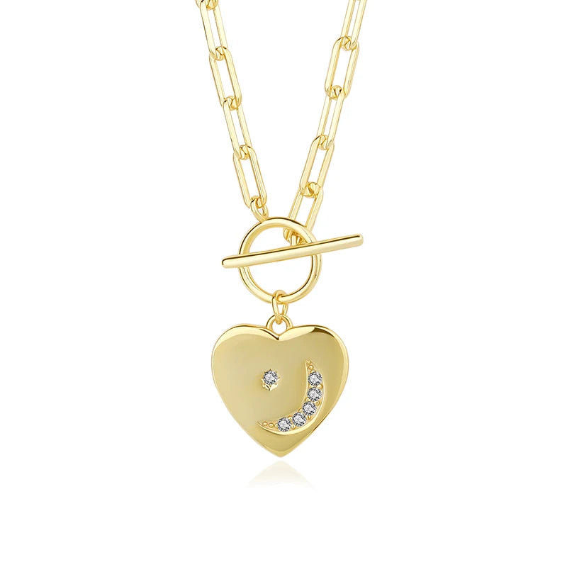 Fashion Fine Jewelry Toggle Clasp Zircon Moon Star Heart Pendant 925 Sterling Silver Paperclip Chain Necklace for Women