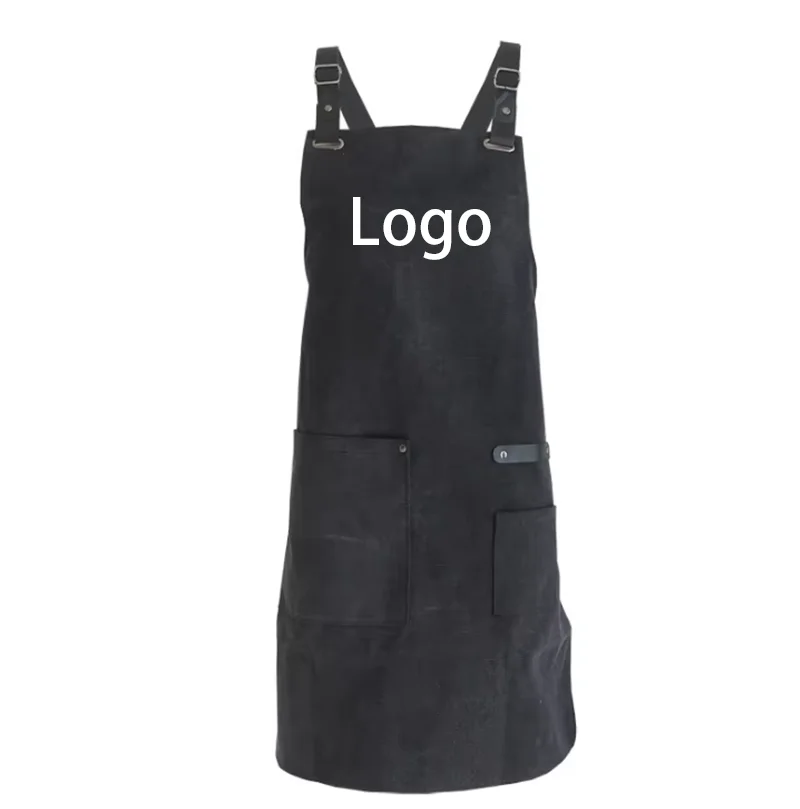 Black Canvas Full Length Bib Apron with Pockets Custom Logo for Barista Barber Hotel Cafe Hairdresser Garden Work Uniform