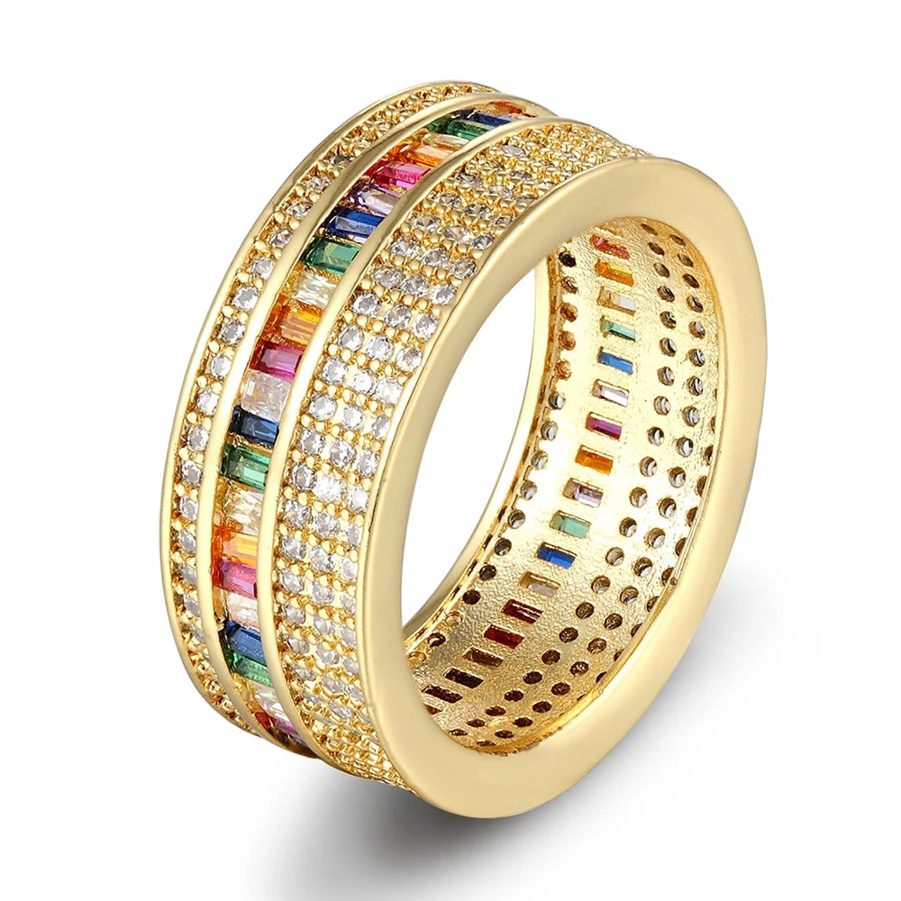 QIKU Luxury Bohemia Rainbow Crystal Rings Women Copper Zircon Gold Color Charm Party Wedding Jewelry Customization Dropshipping