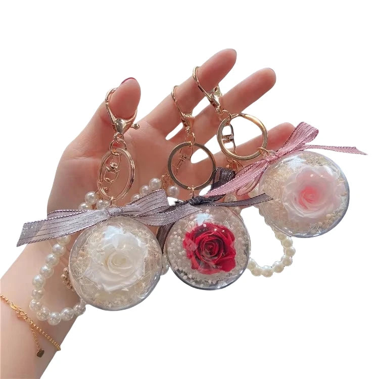 Preserved Rose Keychain Pendant Eternal Present Romantic Gift Valentine'S Day Wedding Flower Hanging Key Buckle Pearl Chain