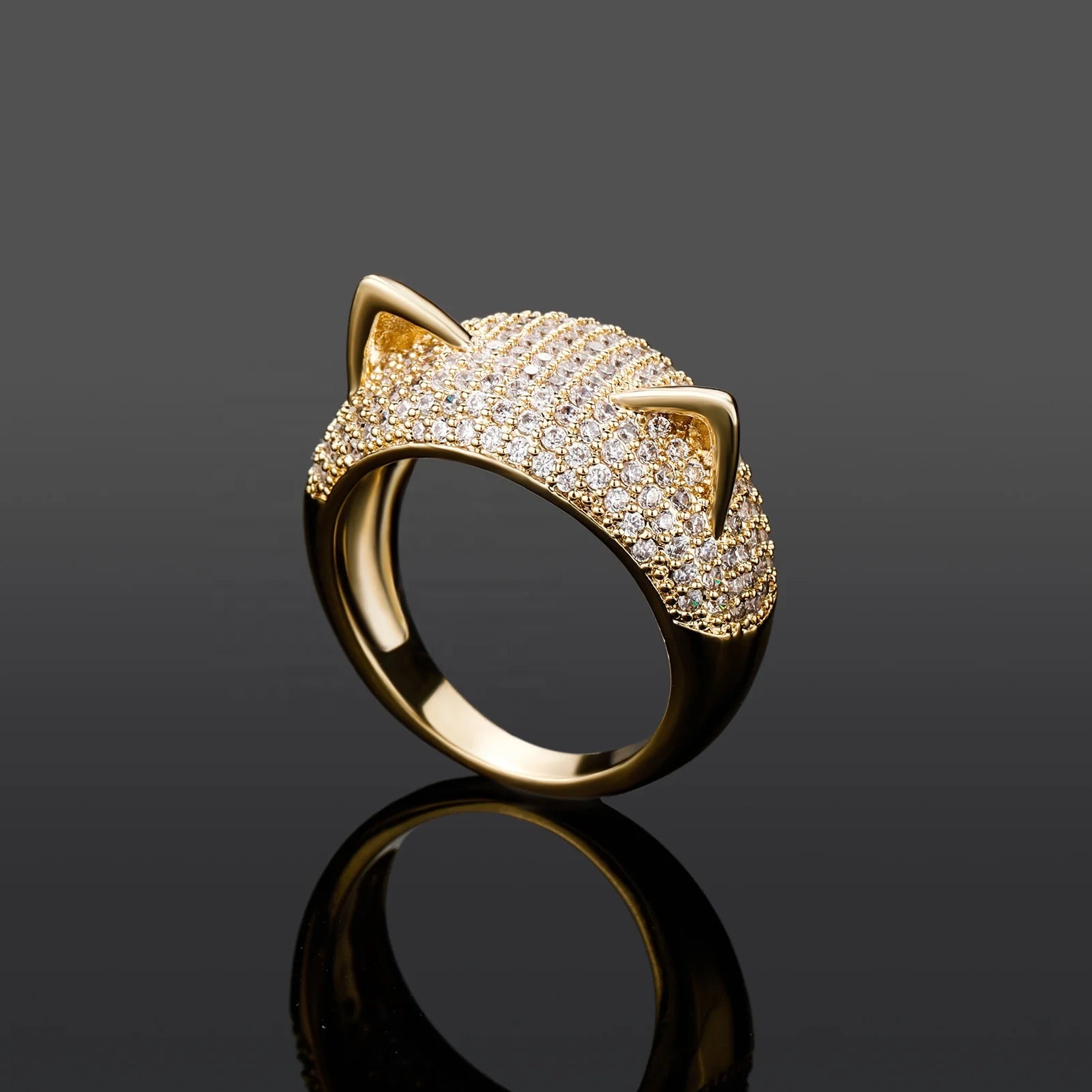 Luxury Gold Plated Lab Created Cubic Zirconia Geometric Cat's Ear Hip Hop Fashion Wedding Eternity Ring for Women Gift