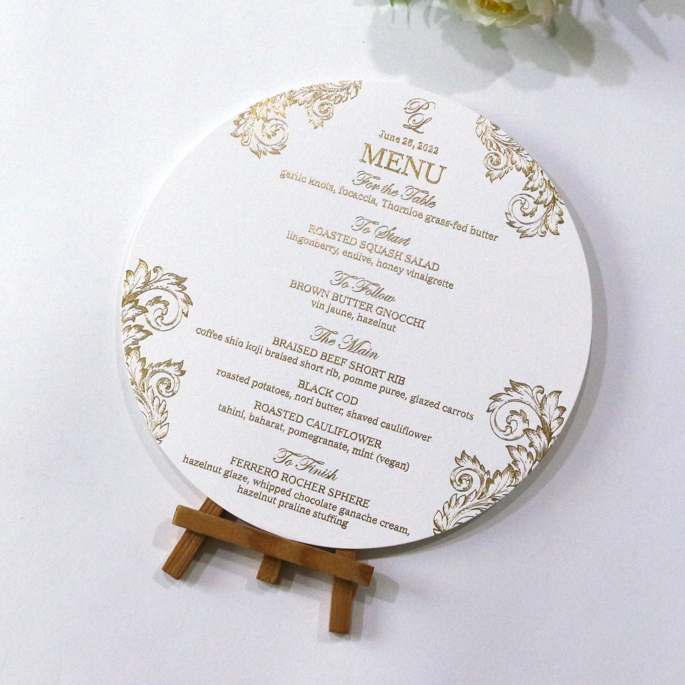 Custom Round Shape Paper Menu Gold Foil Wedding Invitation Cards for Guest