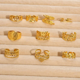 2023 Women 9 Models Fashion Non Tarnish Open Flower Leaf Ring 18k Gold Plated 316L Stainless Steel Hypoallergenic Open Ring