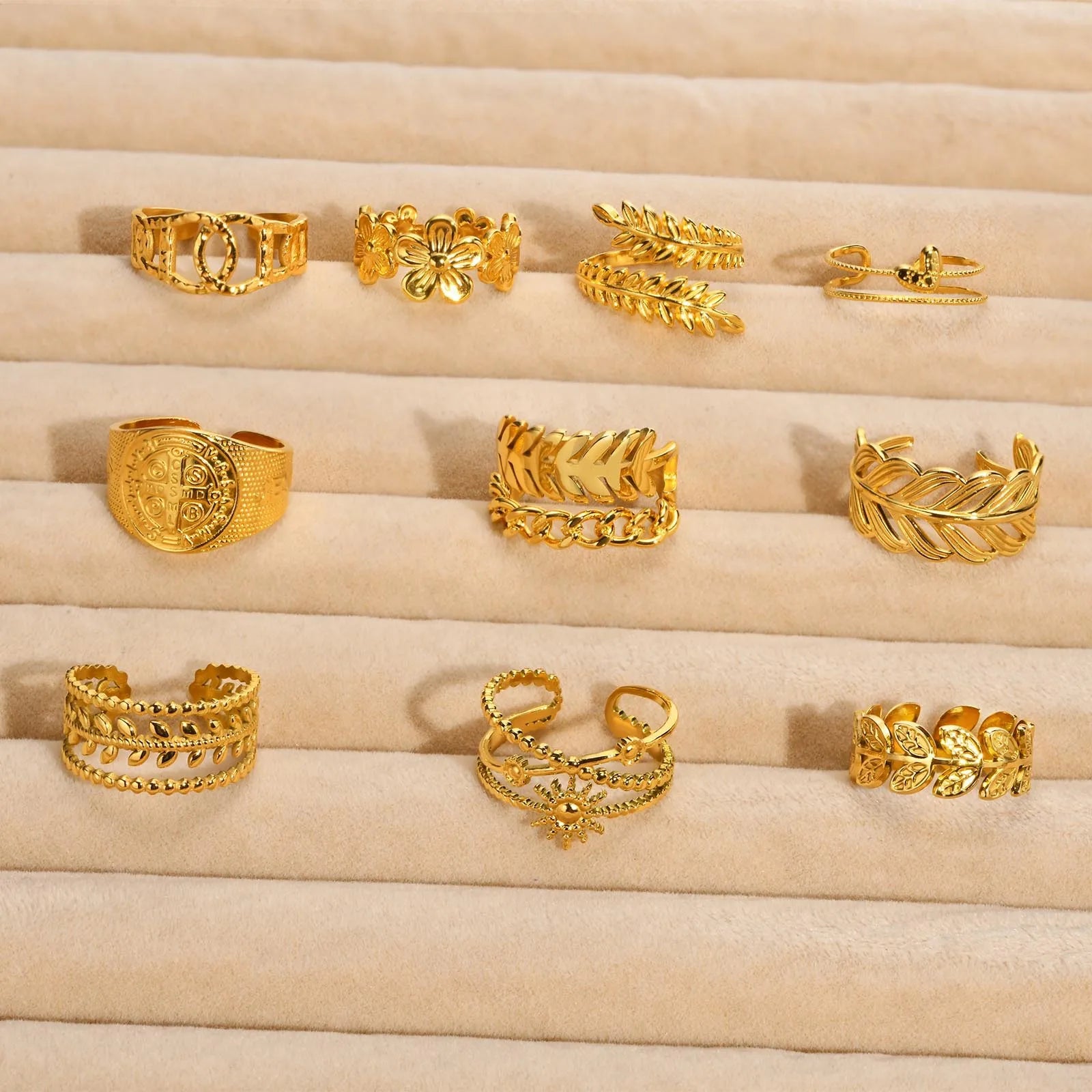 2023 Women 9 Models Fashion Non Tarnish Open Flower Leaf Ring 18k Gold Plated 316L Stainless Steel Hypoallergenic Open Ring