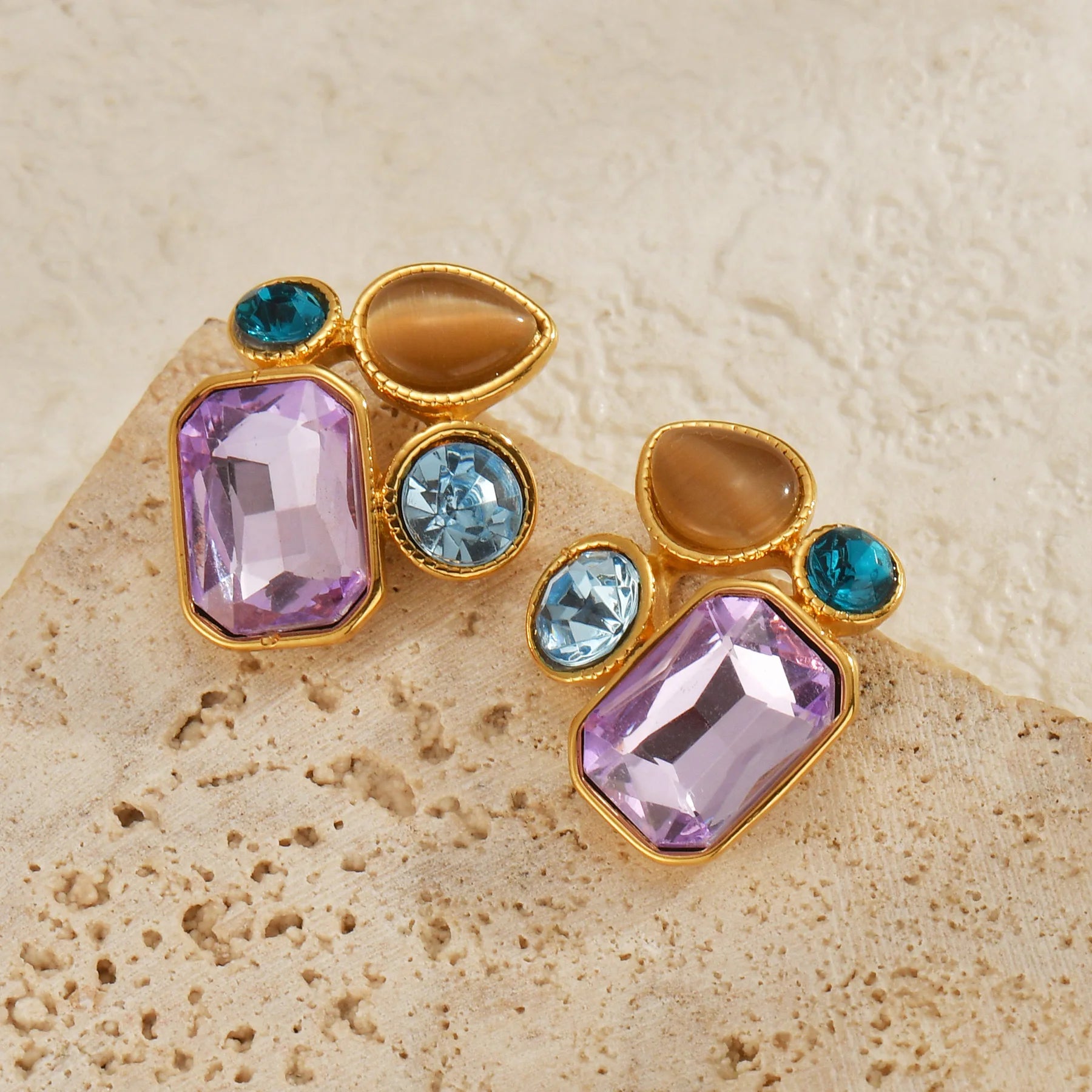 High Grade 18K Gold Plated Real Tiger Eye Stone Color Zircon Stainless Steel Fine Jewelry Earrings for Women
