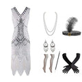 Women 1920s Retro Elegant Flapper Great Gatsby Party Sequin Beaded Fringe Tassel Midi Dress Shiny with 20s Accessories Set