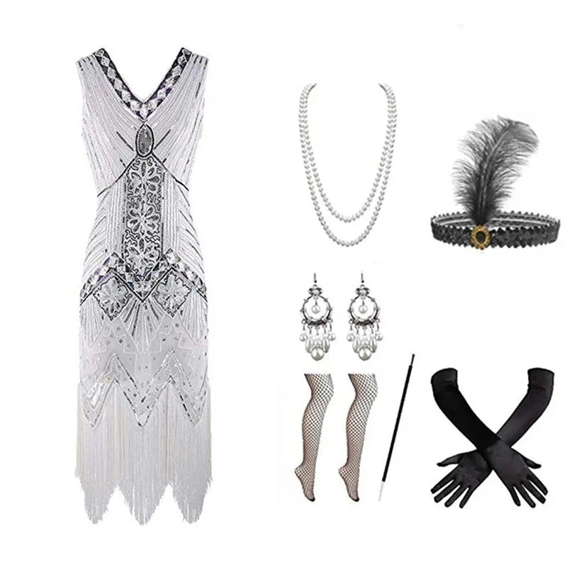 Women 1920s Retro Elegant Flapper Great Gatsby Party Sequin Beaded Fringe Tassel Midi Dress Shiny with 20s Accessories Set