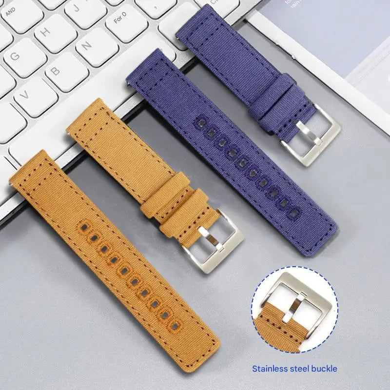 Free Sample Luxury Smart Watch Band Custom Charm with Stretchy Canvas Fabric and Stainless Steel Buckle