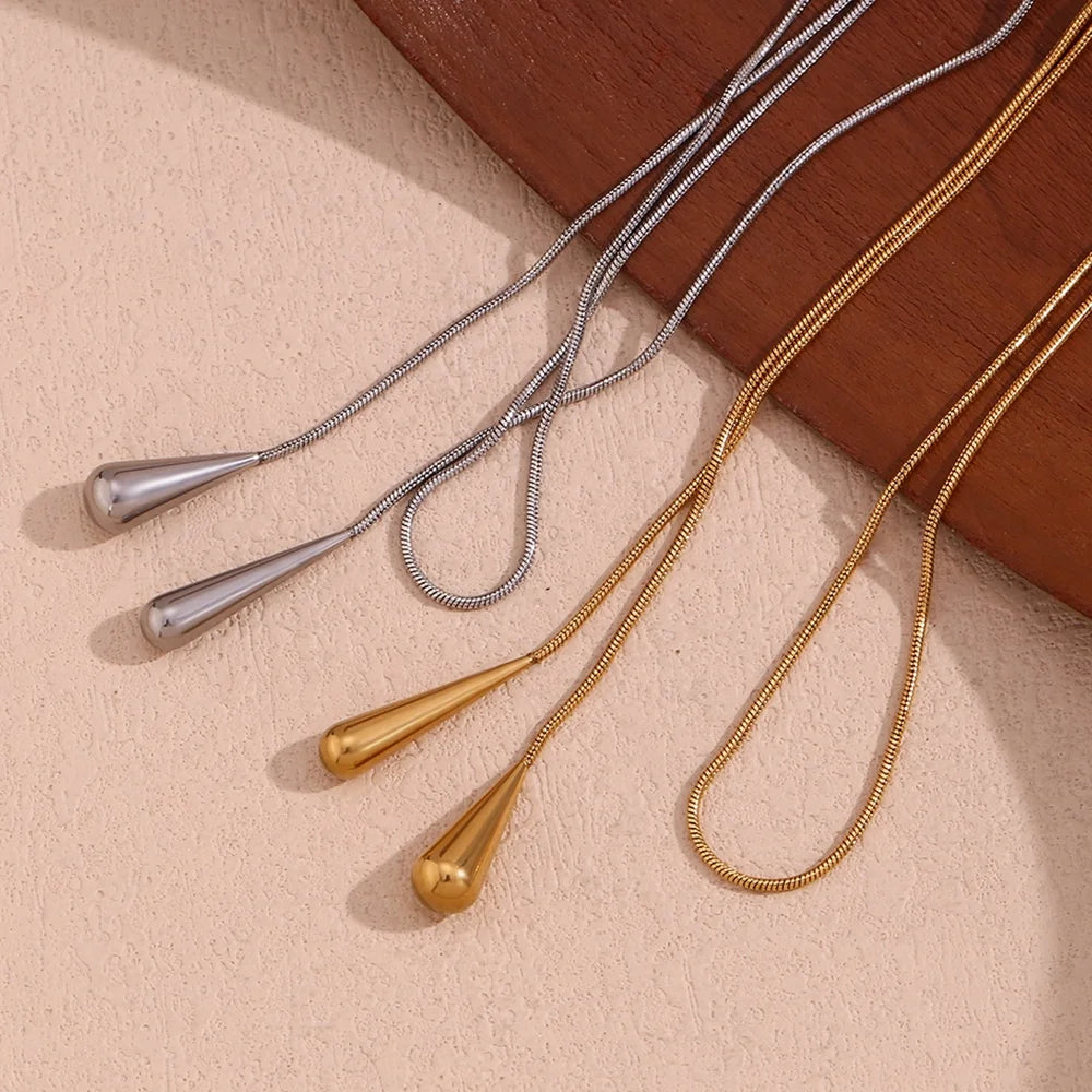 Guarantee Dreamshow Gold Plated Water Drop Chain Long Necklace for Women Stainless Steel Gold Necklace