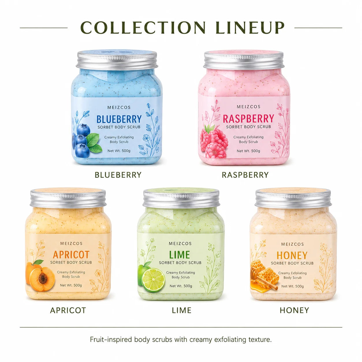 500g Fruit Sorbet Body Scrub Blueberry Raspberry Apricot Lime Honey Creamy Exfoliating Body Polish for Smooth Soft Daily Skin