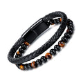 Gemstone Beads Natural Tiger Eye Magnetic Buckle Genuine Leather Braided with Double Layers Male Stone Bracelet for Men