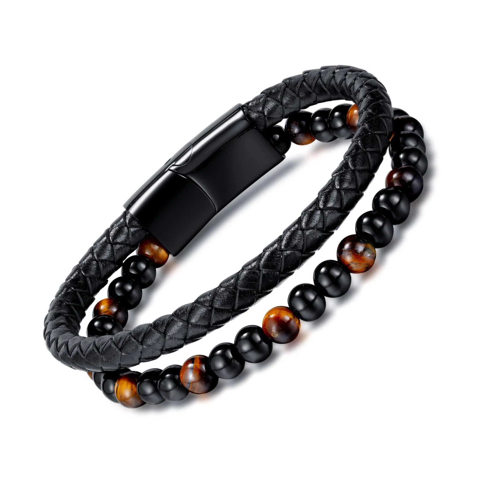 Gemstone Beads Natural Tiger Eye Magnetic Buckle Genuine Leather Braided with Double Layers Male Stone Bracelet for Men