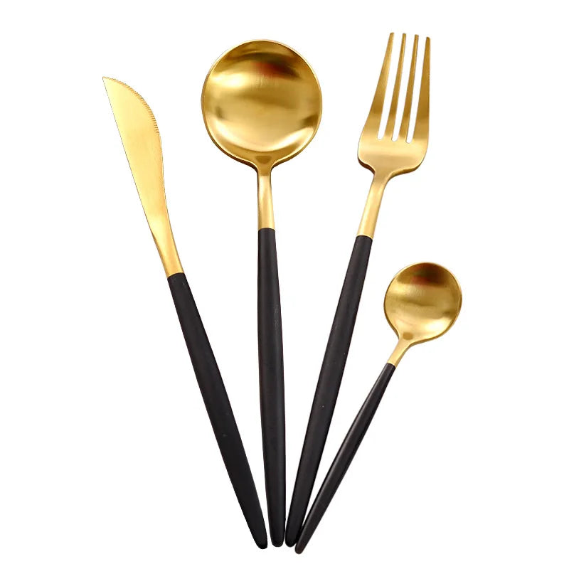 Good Quality Stainless Steel Silverware Matte Gold Black Handle Set Cutlery in Tableware