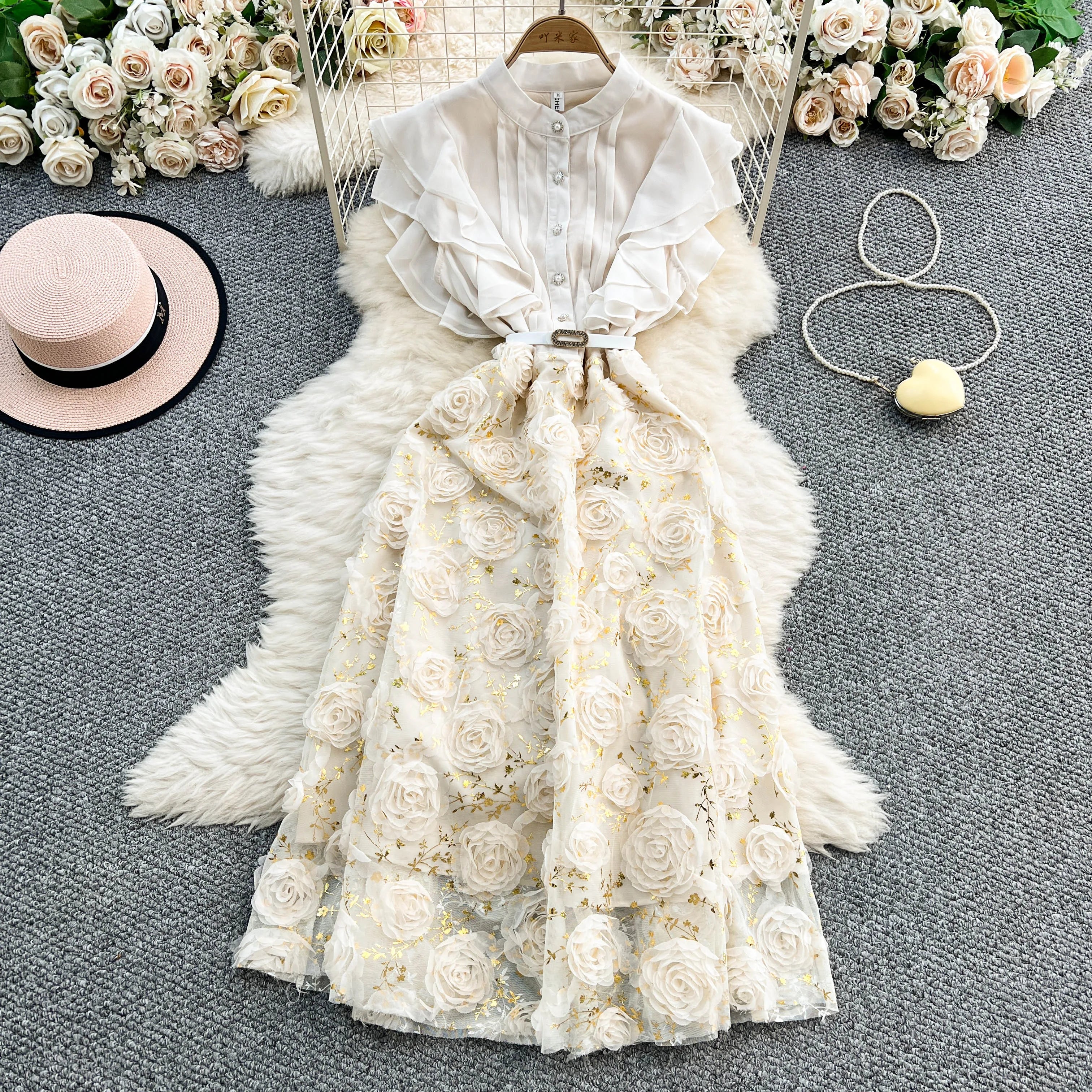 Boutique Wholesale 2025 Summer New Fashionable French Sweet Ruffled Short Sleeved Slimming Women's Dress