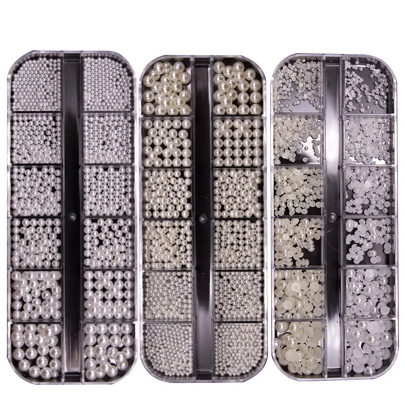 BIN 12 Girds Nail Rhinestones Pearl Beads with Different Sizes Charm Nail Art Decoration 3D Nail Jewelry Accessories