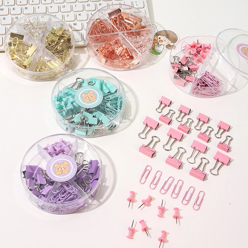 Rose Gold Purple Paper Clip Metal Binder Clips Bulldog Clamp Push Pin Office Binding Supplies Set Delicate Stationery With Box